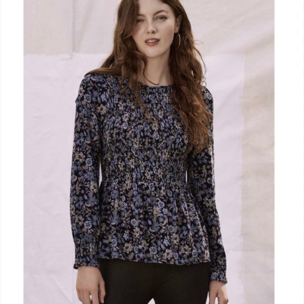Black and Blue Floral Smocked Peplum Blouse Women’s Size Large